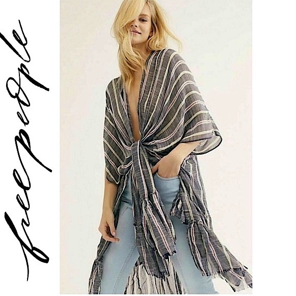 Free People There She Goes Ruffle Striped Kimono Gauze Crochet Beach Coverup OS